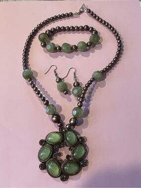Modern Costume Plastic Statement Green & Copper Tone Jewelry Set #9072